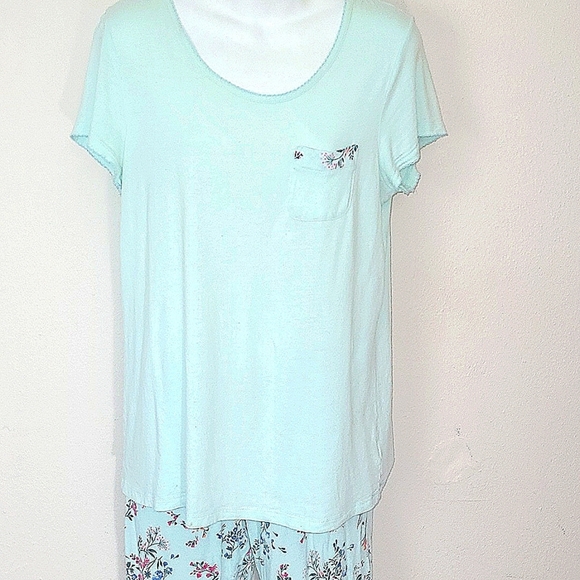 Oscar de la renta matching set pajamas light blue floral print drawstring pants - Picture 1 of 9